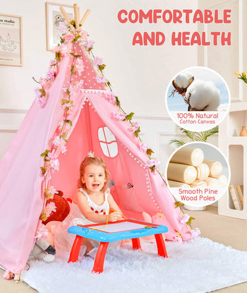Gamenote Teepee Tent For Kids Indoor Tents With Mat, Inner Pocket, Unique Reinforcement Part - Foldable Kids Play Tent Canvas Tipi Childrens Tents For Girls & Boys (Pink)