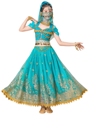 ELLYDOOR Princess Jasmine Costume for Girls Aladdin Dress UP Halloween Cosplay Party Belly Dance Outfit Blue, Tag 130