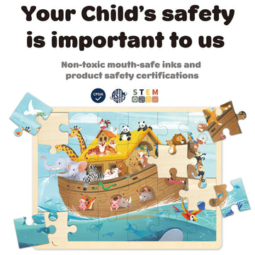 Moinkidz 24 Piece Puzzles For Kids 3 Year Old, Noah'S Ark Religious Scene Puzzle, Wooden Jigsaw Puzzles For Toddlers Ages 3-5, Preschool Puzzles For 3 4 5 Year Old With Puzzle Tray