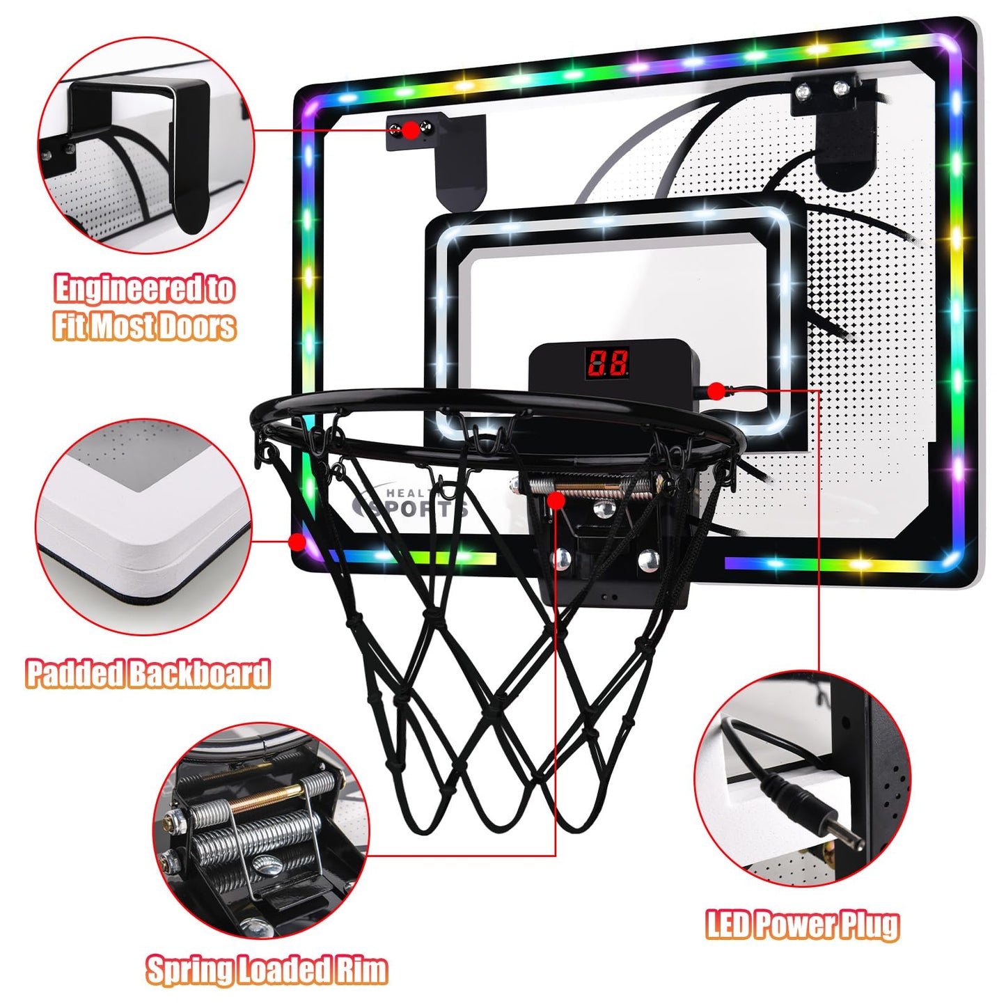 Basketball Hoop Indoor For Kids,Led Light Mini Basketball Hoop With 3 Balls & Electronic Scoreboard,Over The Door Basketball Hoop,Basketball Toys Gift For Kids 3-12 Year Old Boys Girls Teen