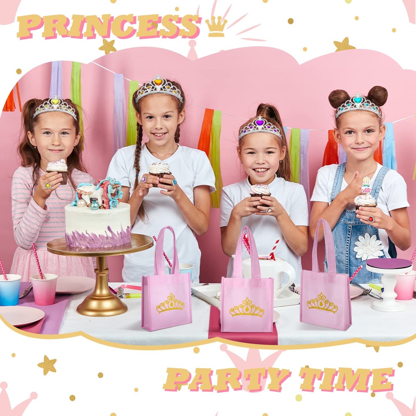 Yinder 12 Princess Party Favors Costume Dress up Accessories Set Included Gift Bags Princess Plastic Crown Tiara Rings and Wands