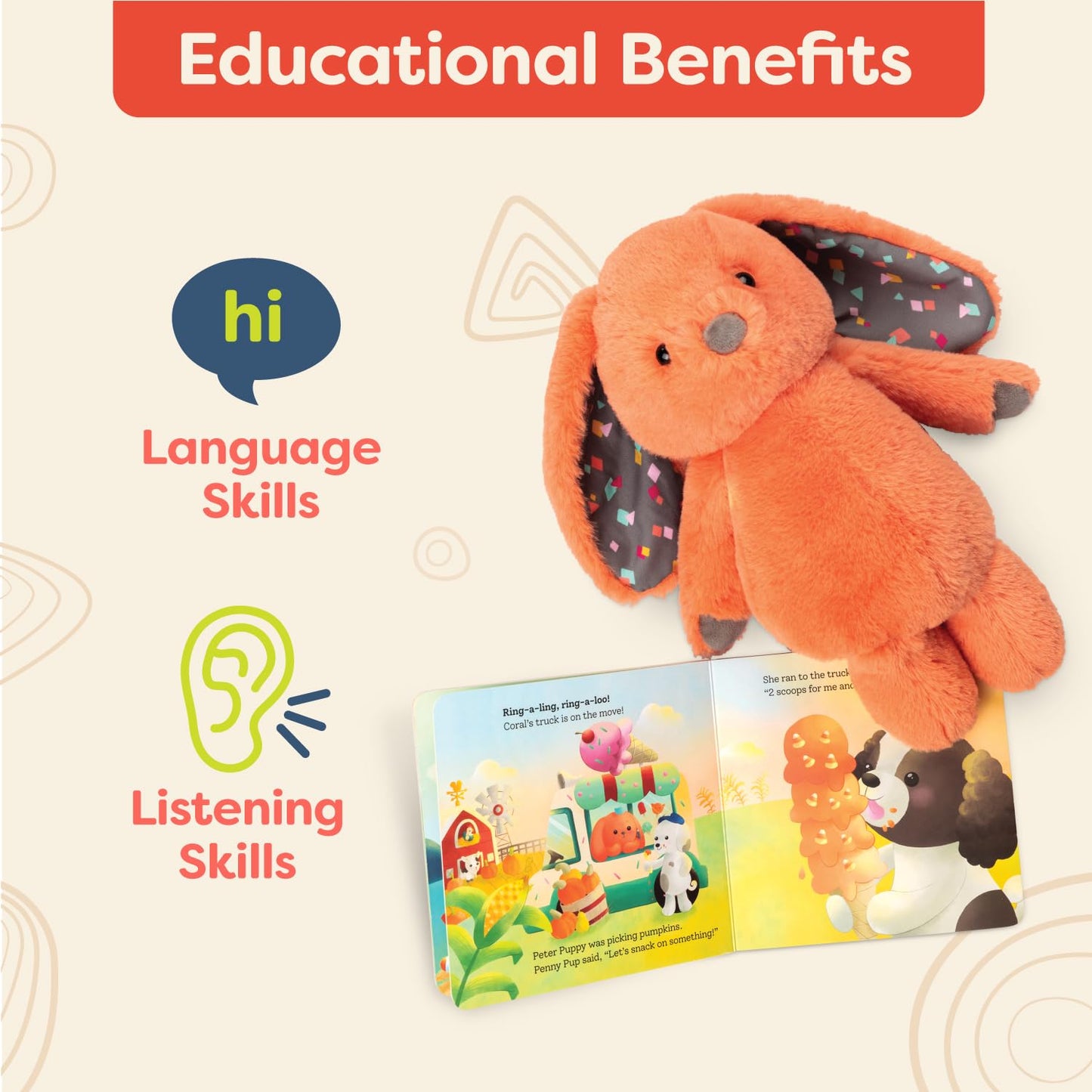 B. toys Plush Bunny Playset with Board Book - 12" Soft Fabric Baby Toy - Coral Cutie