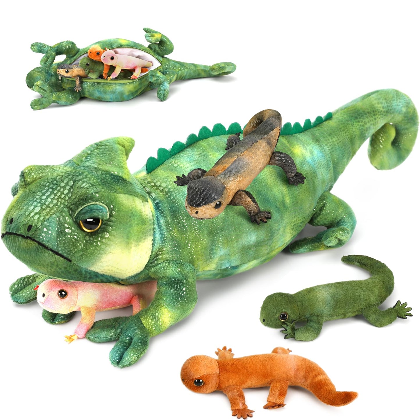 Karister Giant Lizard Plush Toy - 27" Mother Iguana with 4 Baby Lizards, Green Polyester Stuffed Animal for Kids, Model W383_0_68