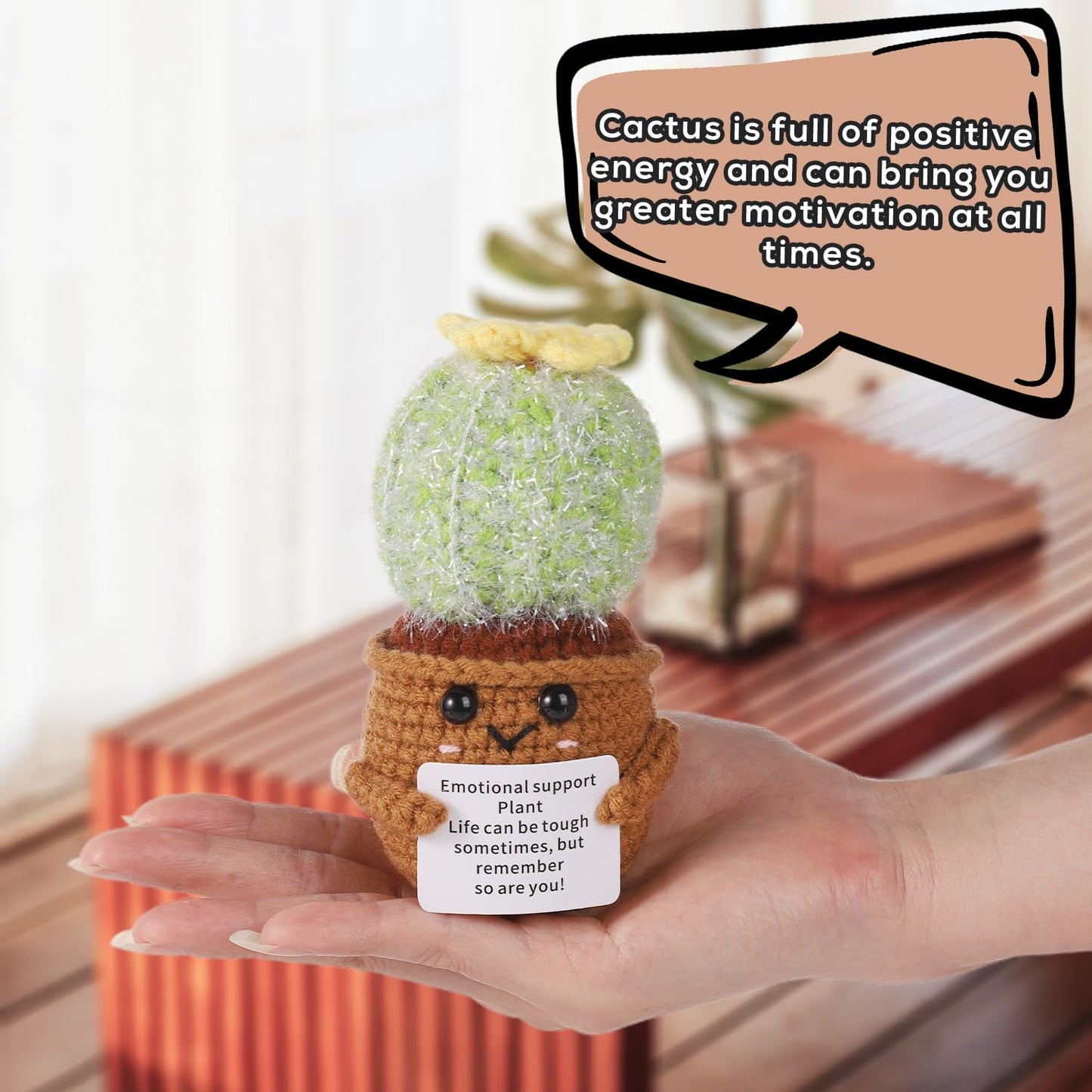 Positive Cactus Crochet, 4.3 Inch Handmade Knitted Cactus Toy Funny Potato Mexican Cactus Cute Emotional Support Life Plant Doll Gifts With Encouragement Card For Adults Kids Decoration
