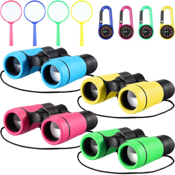 4 Set Kids Binoculars Children Colorful Real Binoculars Set Shockproof High Resolution Binoculars With Magnifying Glass And Compass For Bird Watching Hunting Hiking Outdoor Exploring (Light Color)