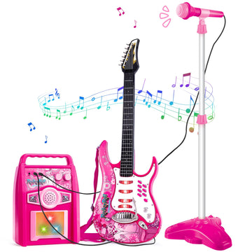Deao Musical Guitar Play Set,Djustable Height Microphone,Amplifier Set With Stand,Music Light Karaoke Music Toys Birthday For Kids Boys Girls