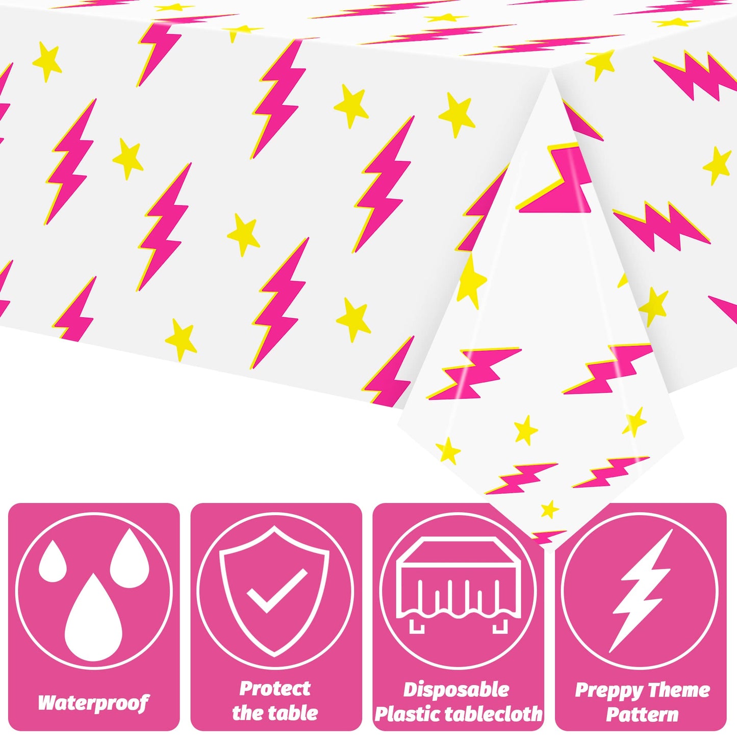 AellasNervalt 3Pcs Preppy Pink Lighting Bolt Party Tablecloths Plastic Rectangle Table Covers Disposable Y2k Tablecloth for Girl