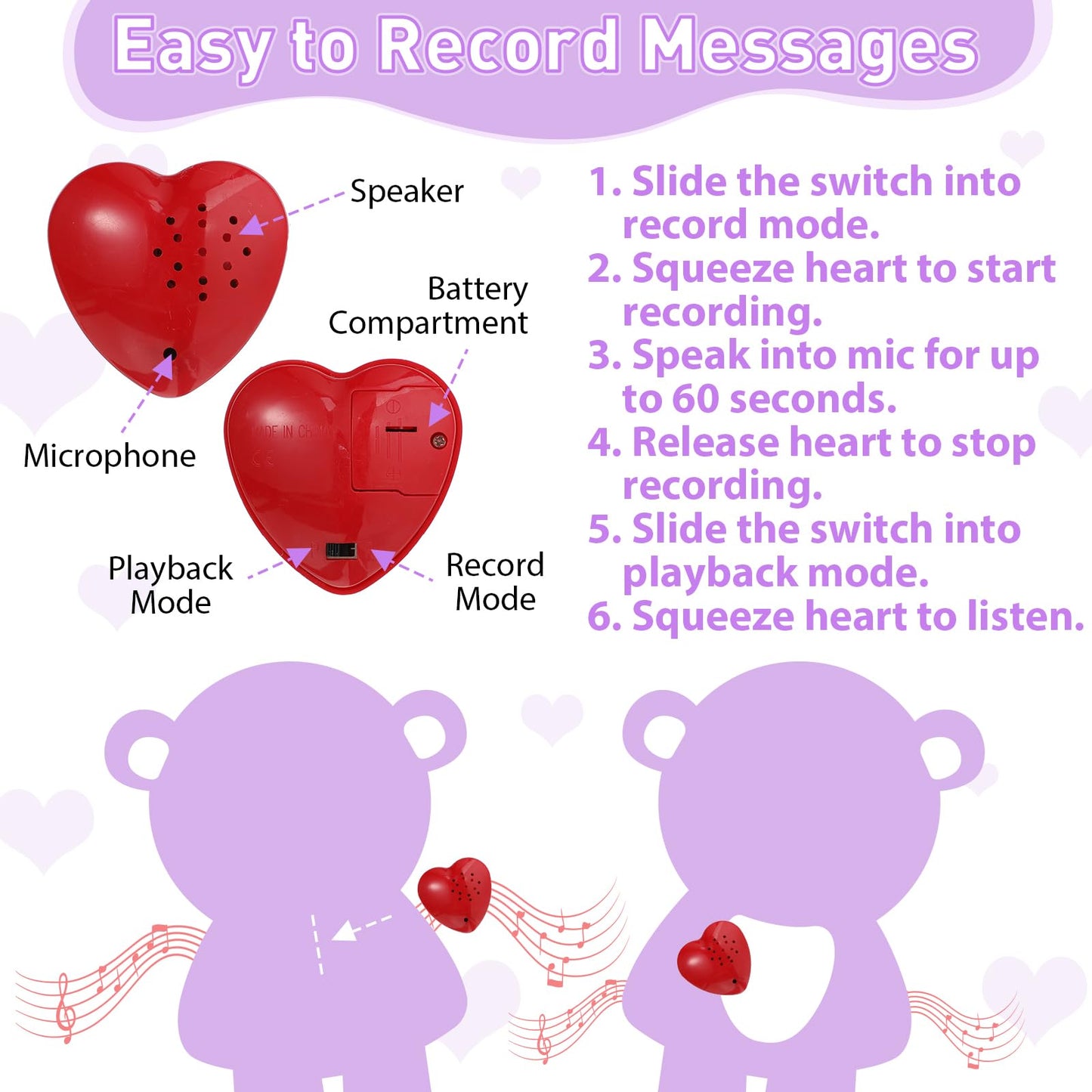 Hungdao Bear Stuffed Animals With Voice Recorder Set, 60 Seconds Voice Sound Recorder Module 16 Inch Soft Plush Bear Cute Stuffed Bear With Zipper Sound Box Recordable Heart For Boys Girls (Purple)