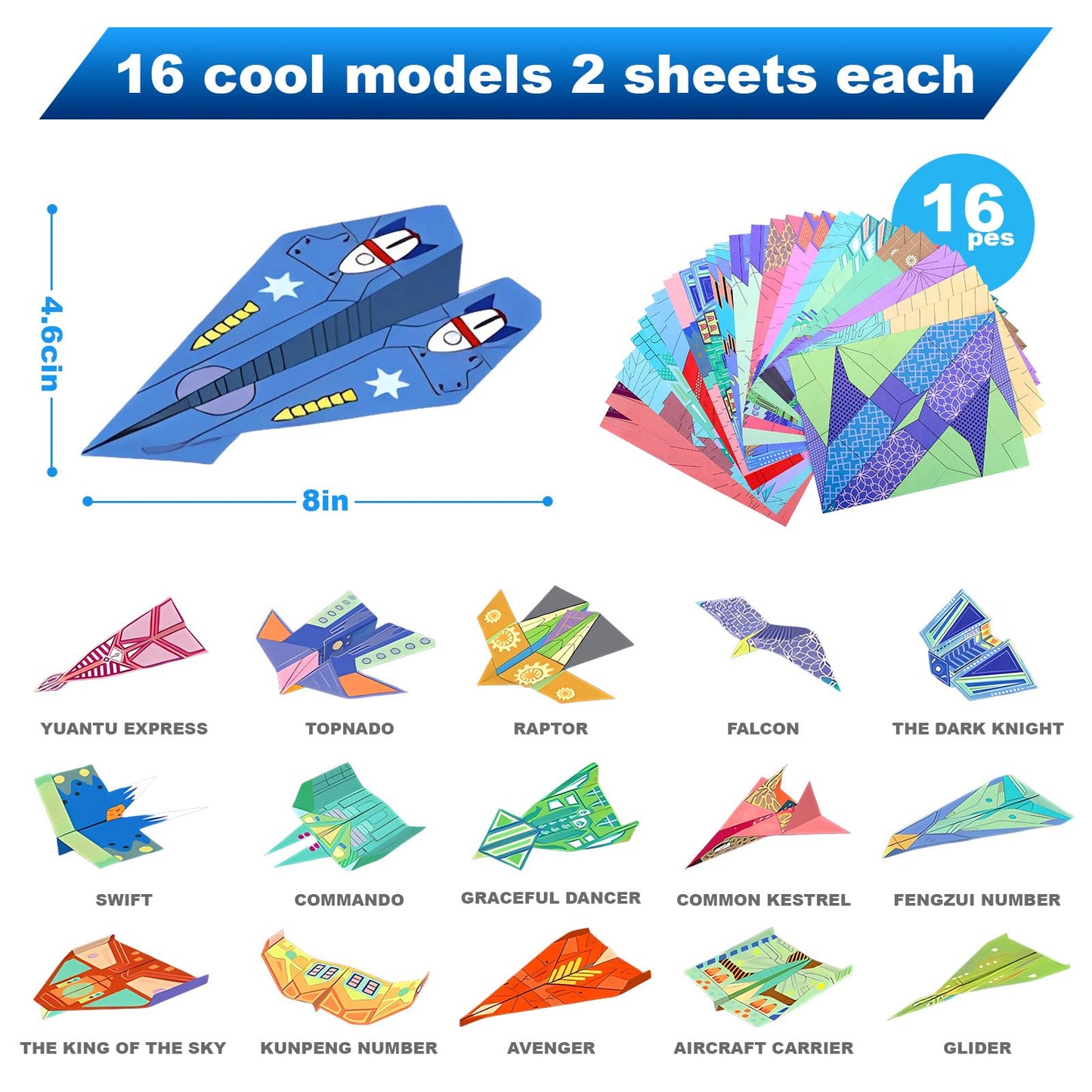 Vodolo Paper Airplane Kits with 16 Classic Designs,32 Sheets Paper Planes Origami Kit for Kids Ages 5-12,Airplane Gifts for Boys