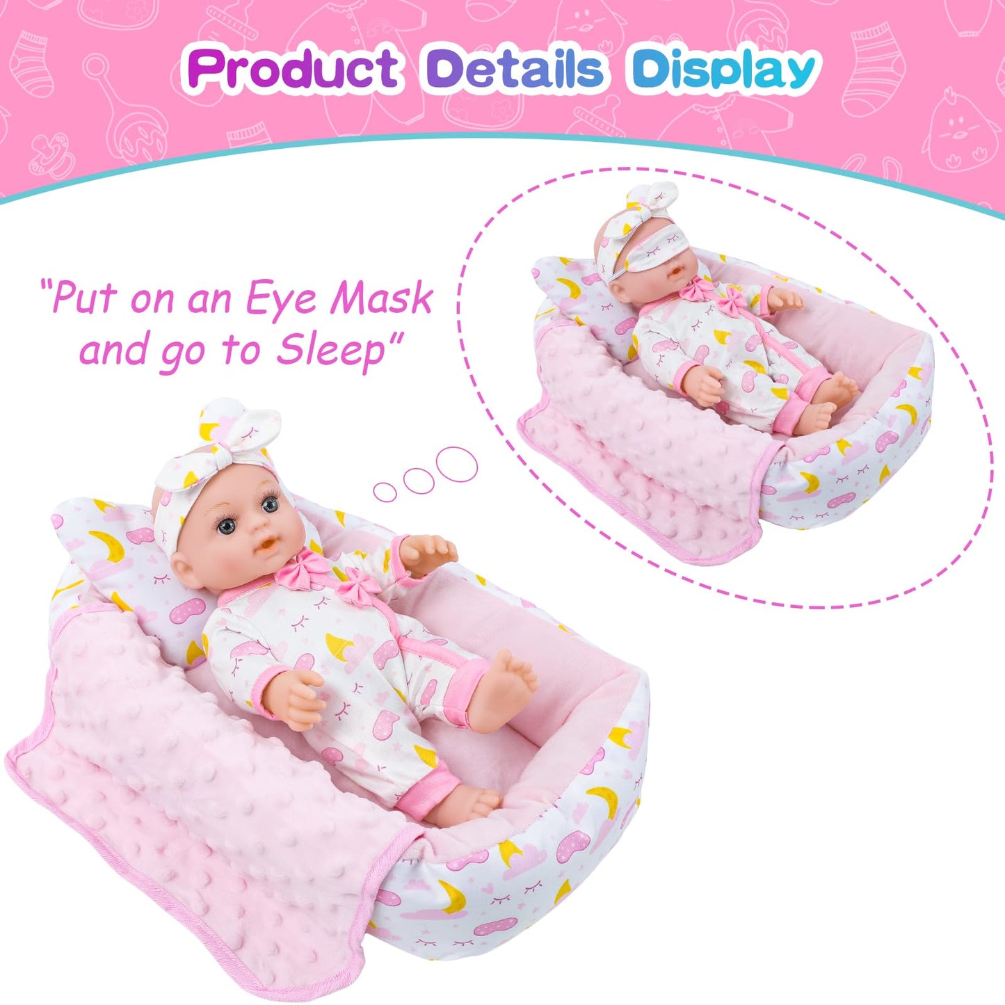 12 Inch Baby Doll Crib Playset with Dolls Clothes and Accessories Including Soft Sleep Bassinet Bed  Bottles  Nipple  Eye Mask  Slippers  Blanket  Pillow  Gift Idea for Ages 3+