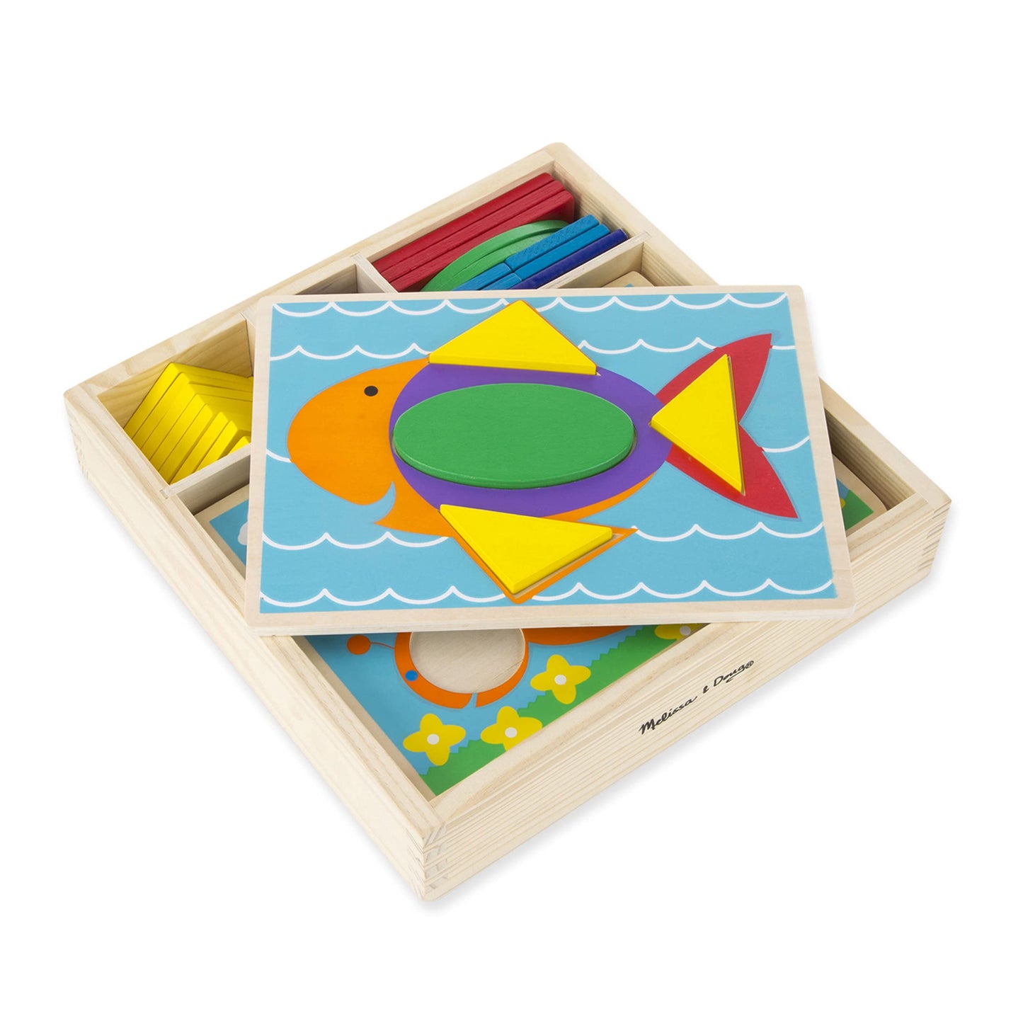 Melissa & Doug Beginner Wooden Pattern Blocks Educational Toy With 5 Double-Sided Scenes And 30 Shapes