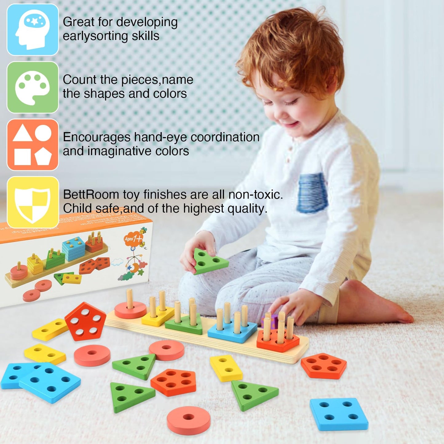 BettRoom Toddler Toys for 1 2 3 4 5 6 Year Old Boys Girls Birthday Gifts Montessori Wooden Educational Toys for Kids Learning Puzzles Shape Sorter Toy