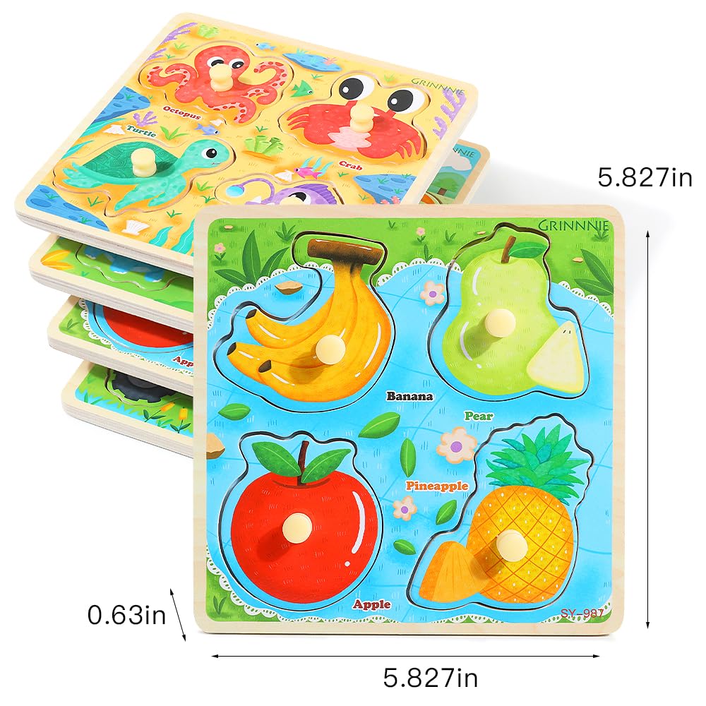 Grinnnie Wooden Toddler Puzzles, 1 2 3 Years Old Learning Montessori Peg Puzzle Toy Set For Toddlers, 4 Pcs Educational Portable Size Travel Knob Puzzle Toys, Gift For 1-3 Boy Girl Birthday Christmas