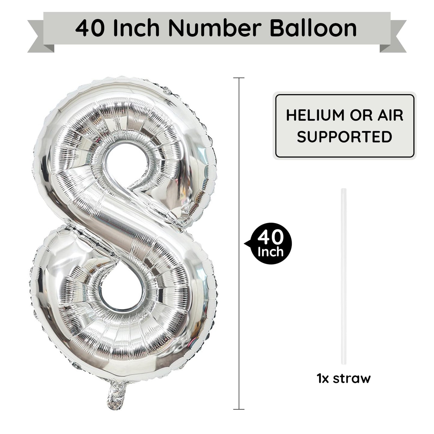 Paticool Silver Number 8 Balloon, 40 Inch Large Number Foil Mylar Balloons For 8Th Girl Boy Birthday Party Celebration Decoratio