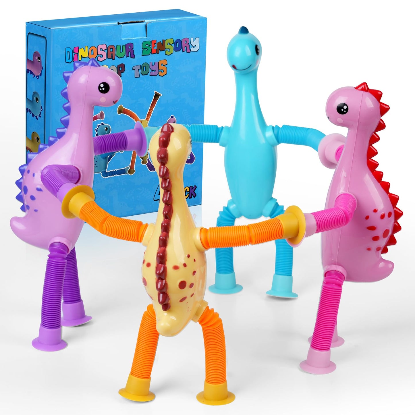 Dinosaur Sensory Toys,Valentine'S Day Gift For Kid Boys,4Pcs Dino Valentine Pop Tube With Cards,Suction Autism Toy Fidget Toys A