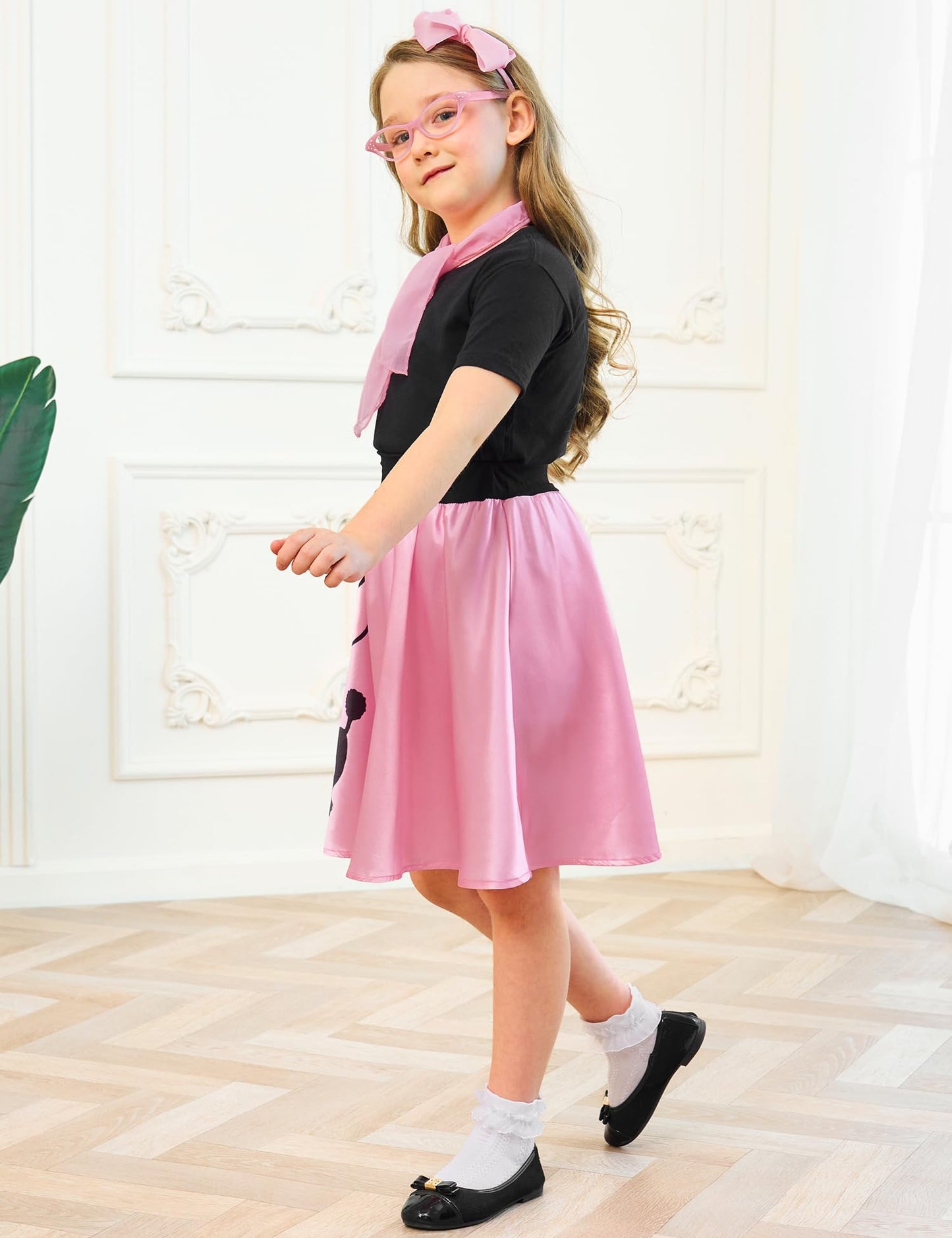APRROOT Poodle Skirt for Girls 50s Outfit Kids Halloween Costume 2025 Sock Hop Outfit with Headbands, Glasses, Scarves 4-6Y Pink