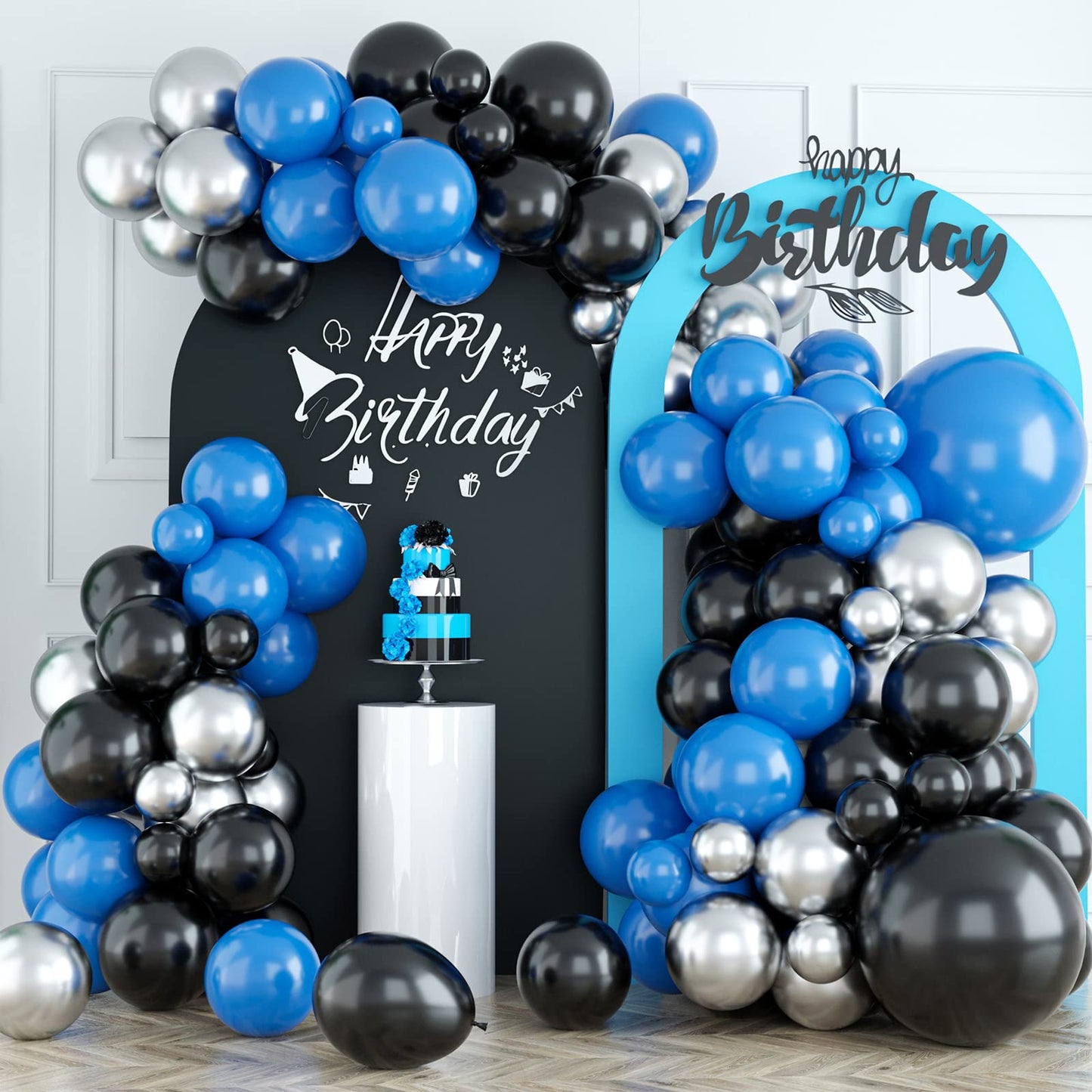 Black Blue Silver Balloon Garland Kit, Blue Silver Balloon Garland Kit With Black Blue And Silver Latex Balloons, Black Blue Sil