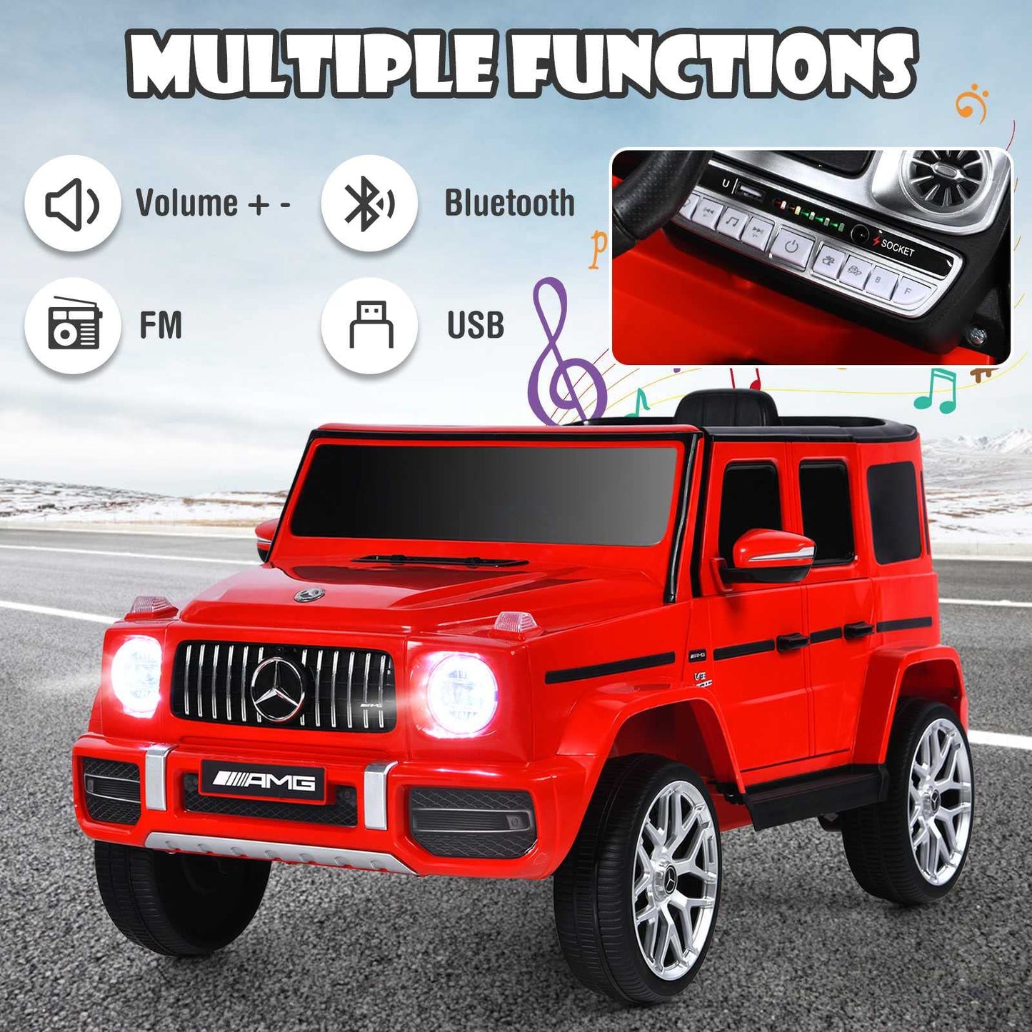Olakids 12V Kids Ride On Car, Licensed Mercedes Benz G63 Electric Vehicle With Remote Control, Double Open Doors, Music, Bluetooth, 2 Speeds, Wheels Suspension, Battery Powered Driving Toy (Red)