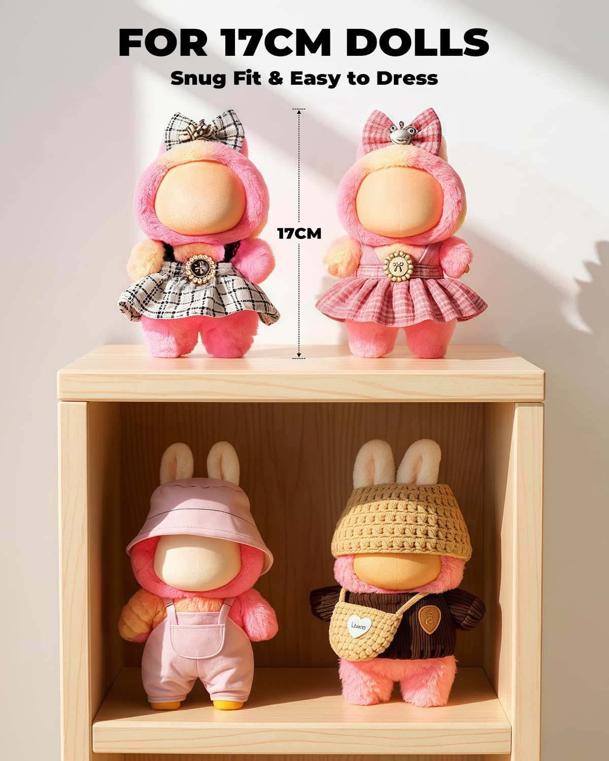 (4-Pack) 17cm Clothes Set  Black Plaid Outfit & Pink Plaid Dress Set with Bow Clip and Metallic Details  Cute Pink Clothing  Knitted Doll Clothes with Hat & Crossbody Bag for 17cm Doll