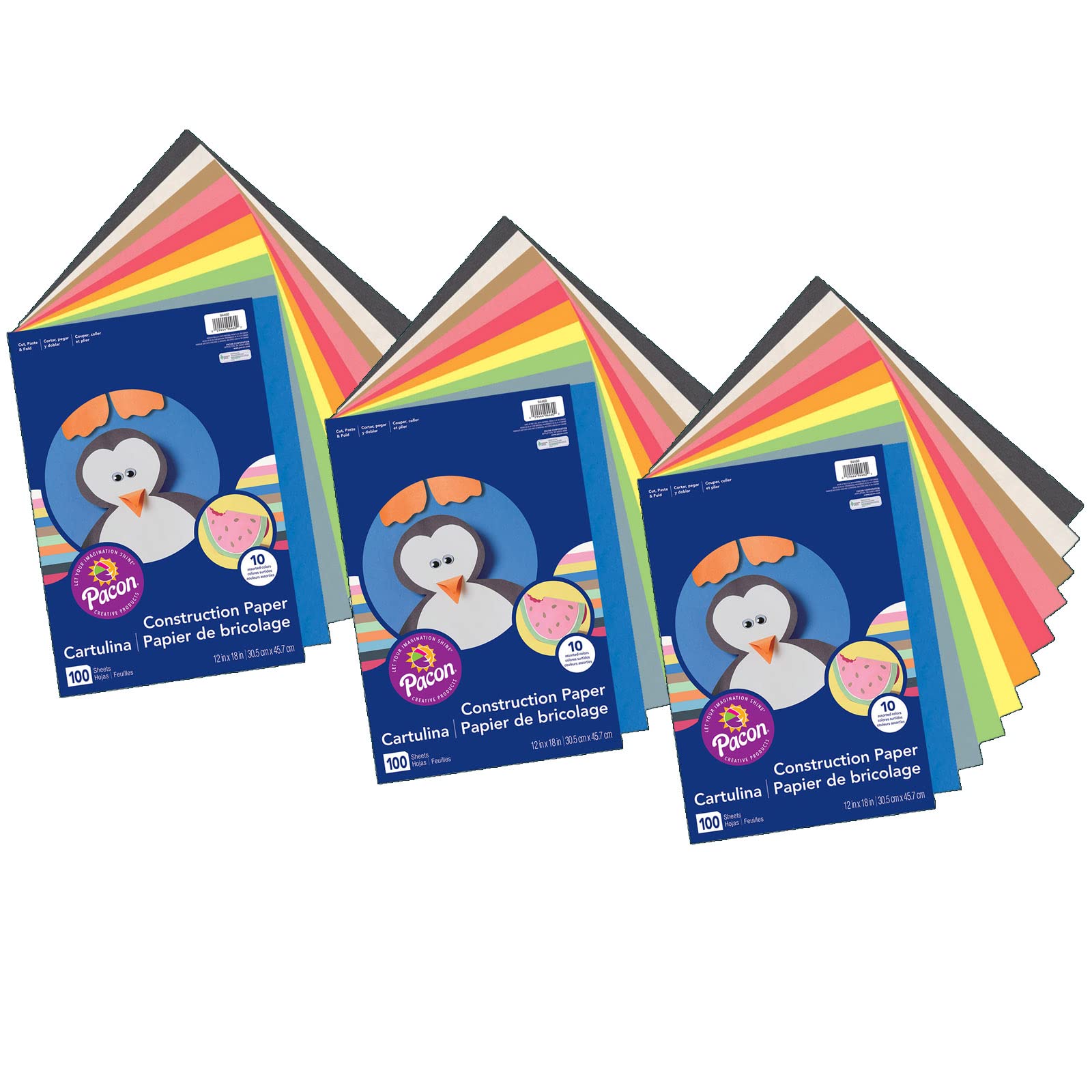 Prang Lightweight Construction Paper, 10 Assorted Colors, 12 x 18, 100 Sheets Per Pack, 3 Packs