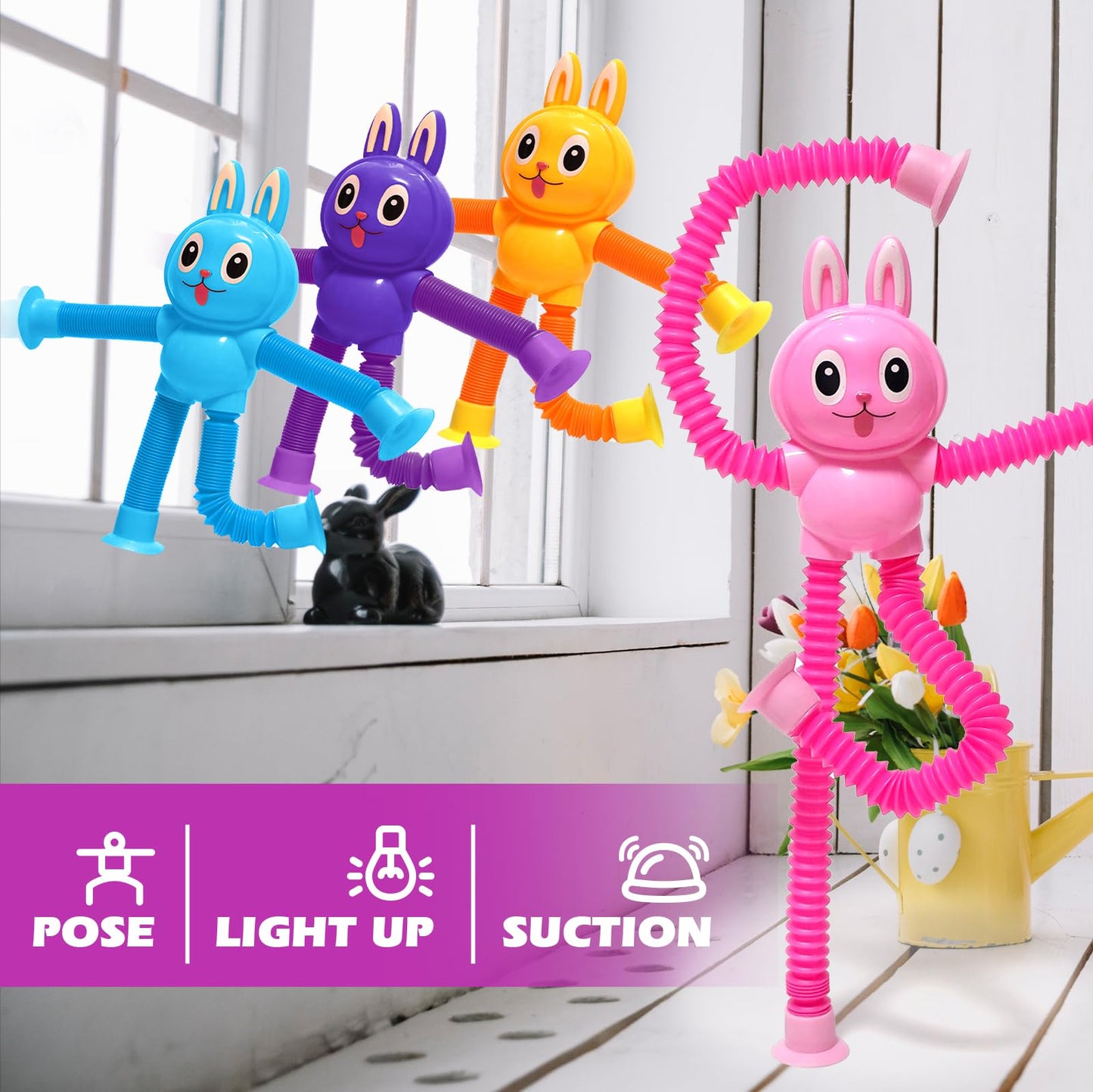 Easter Bunny Led Pop Tubes Light Up 4 Pcs Sensory Fidget Toys, Telescopic Suction Cup Easter Basket Stuffers Easter Egg Fillers