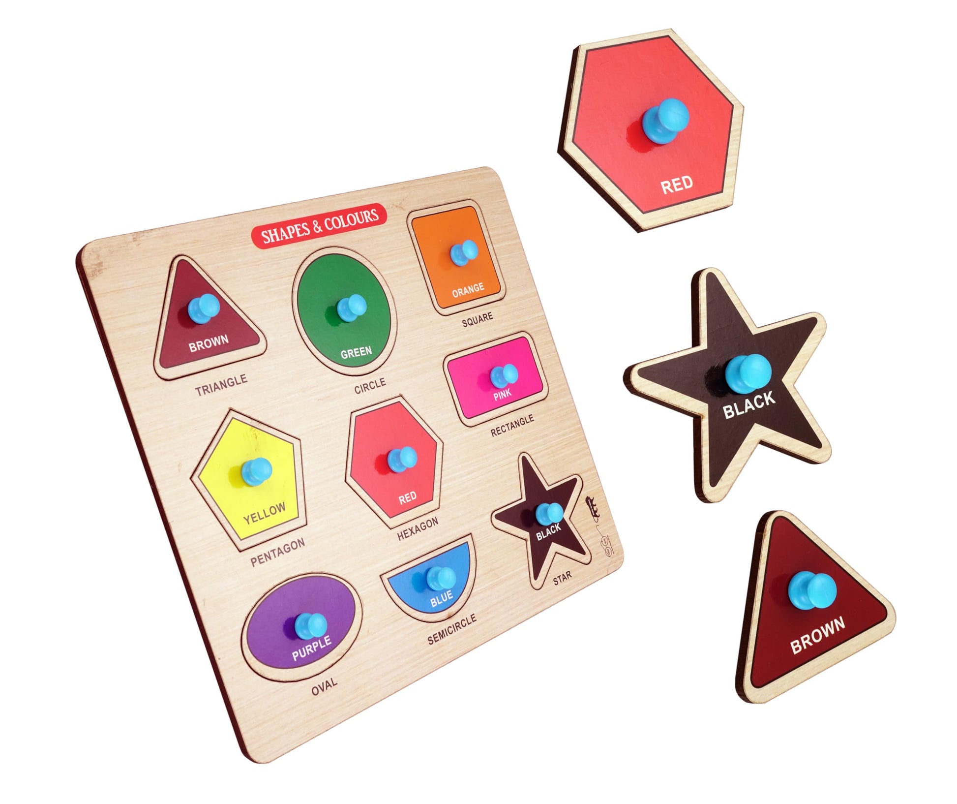 Funbizz Wooden Shapes & Colours Peg Puzzle For Kids Montessori Shape & Color Recognition Learning Board Wooden Knob Puzzle For T