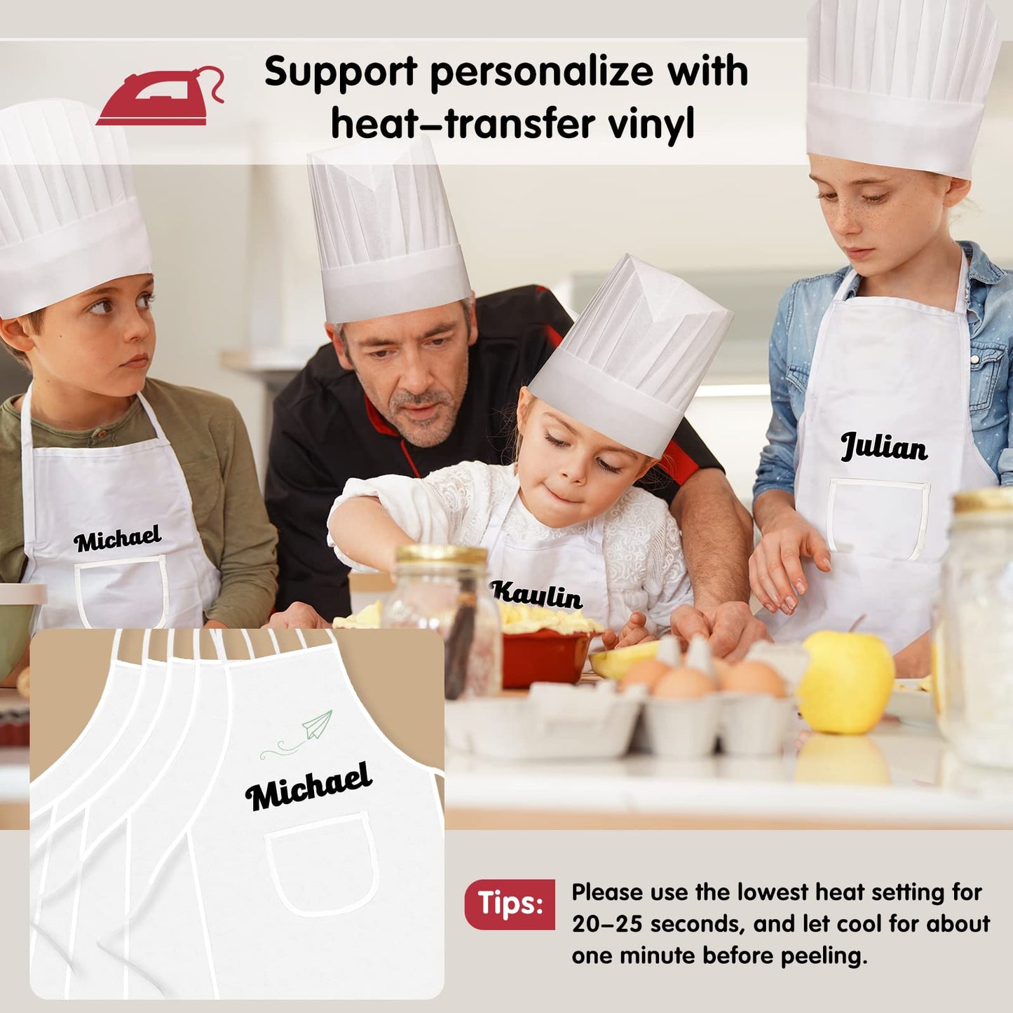 Ecoofor 24 Pieces Kids Aprons and chef hat Set, Kids Aprons with Pocket Children Chef Apron and Hats for Boys Girl's Kitchen Coo