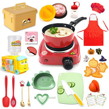 22 Pcs Montessori Kids Junior Tiny Real Toddler Safe Easy Bake Cook Set with Pretend Kitchen Tool -Mini Stove Burner, Chef, Apro
