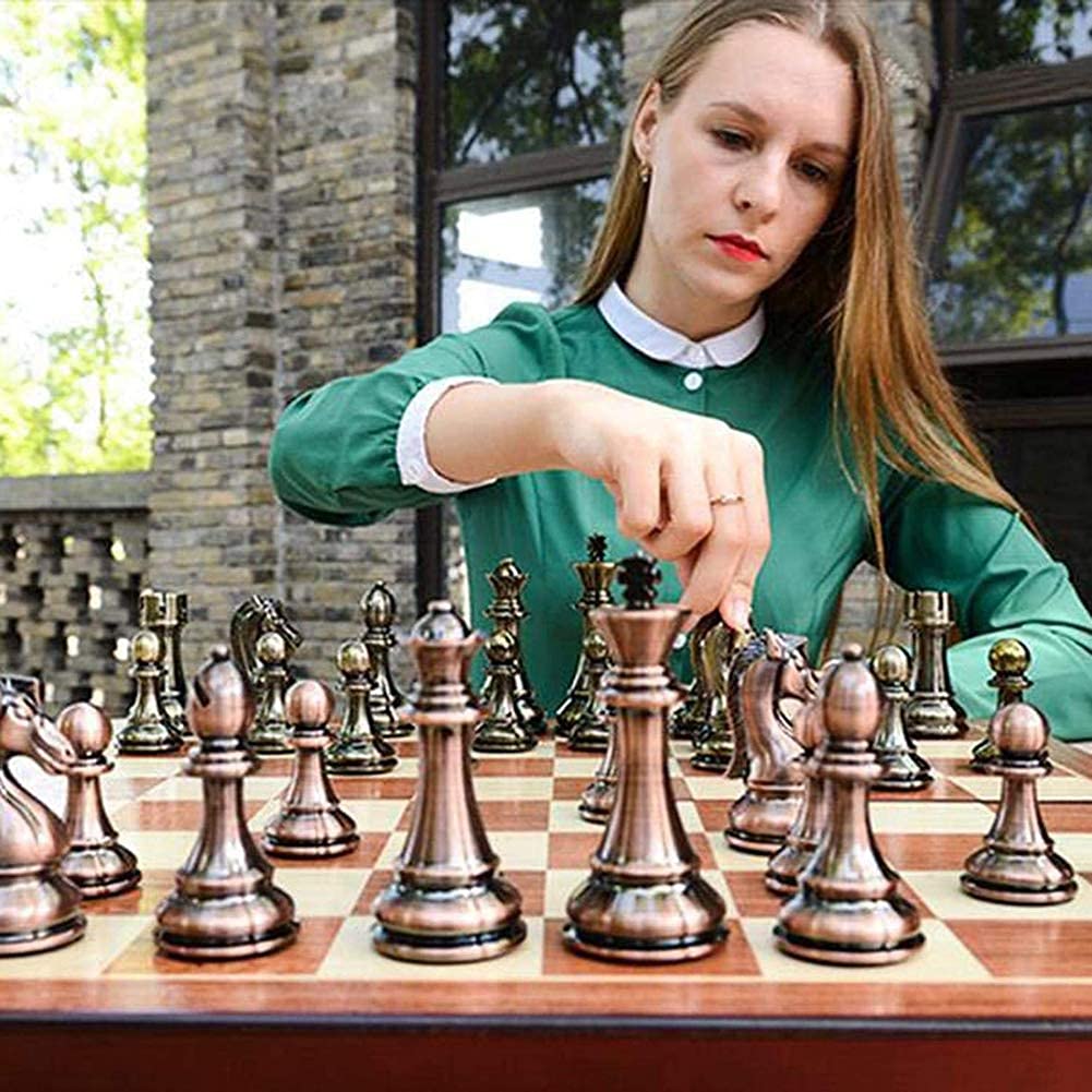 Large Metal Deluxe Chess Retro Copper Plated Alloy Chess mature-themed Set Board Game Portable Wooden Box Storage Folding  2 Players Chess Set