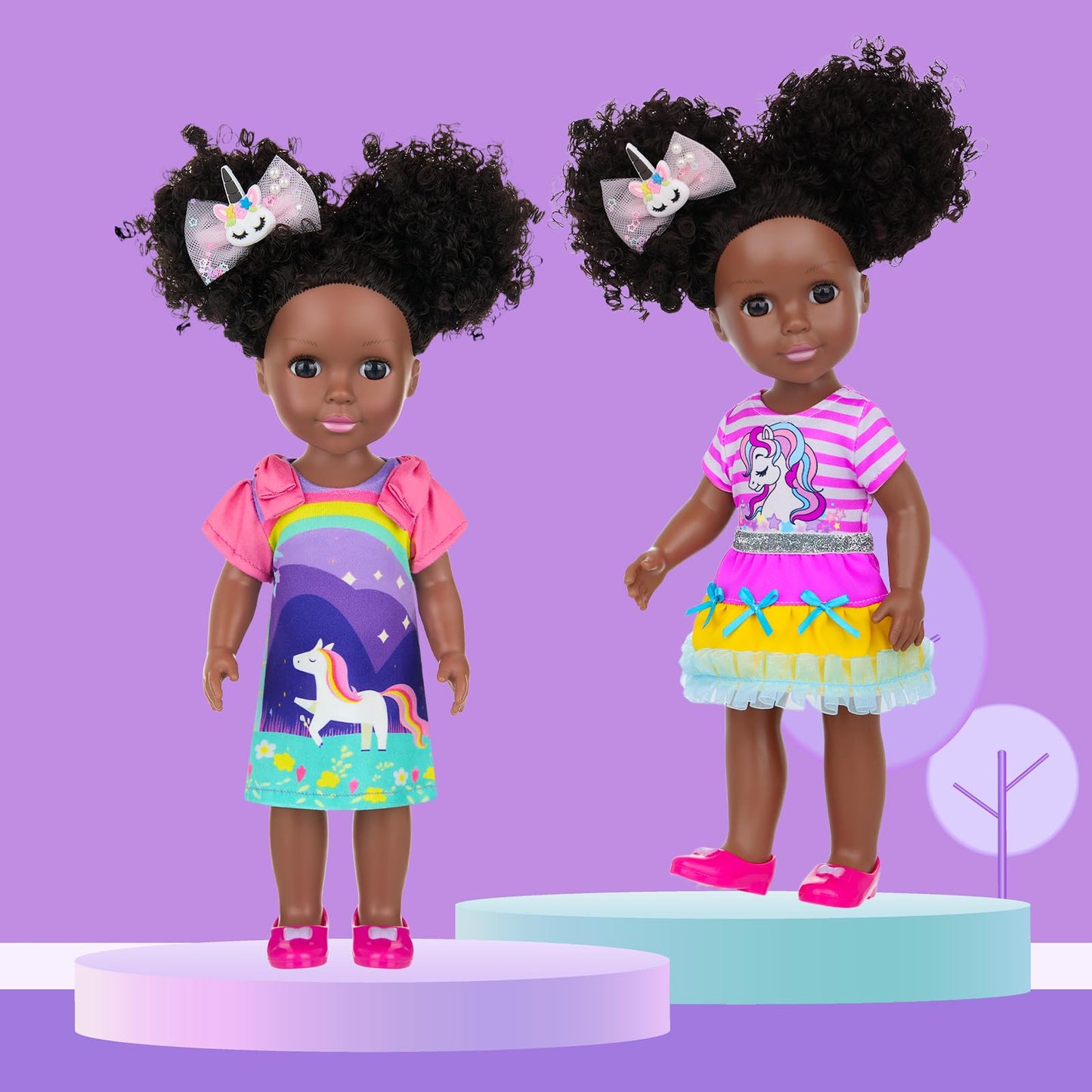 Ecore Fun 14 Inch Black Doll with Black Baby Doll Clothes Accessories - Including Dress  Top  Skirt  Shoes  Comb  Mirror  Hairclip  Phone & Stickers - African Realistic Silicone Girl Dolls for Girls