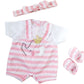 Jc Toys | Berenguer Boutique | Baby Doll Outfit | Pink Stripes And White Overall Shorts | Includes Headband And Booties | Ages 2+ | Fits Dolls 14'- 16'