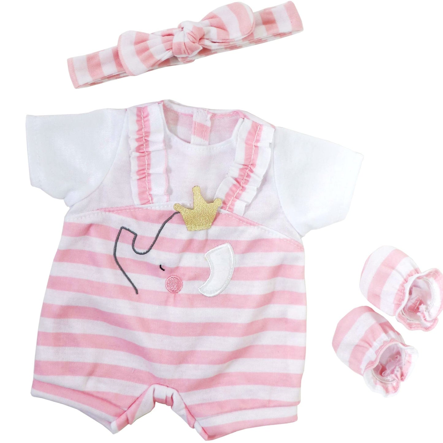 Jc Toys | Berenguer Boutique | Baby Doll Outfit | Pink Stripes And White Overall Shorts | Includes Headband And Booties | Ages 2+ | Fits Dolls 14'- 16'