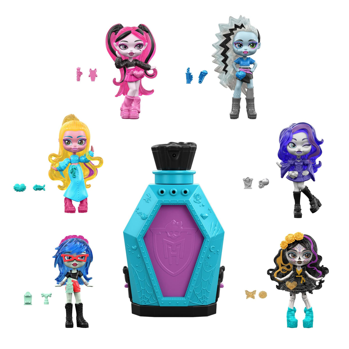 Monster High Little Frights Mini Dolls and Accessories, Surprise 3inch Figures in Display Coffin with Water Reveal & Charms (Ch