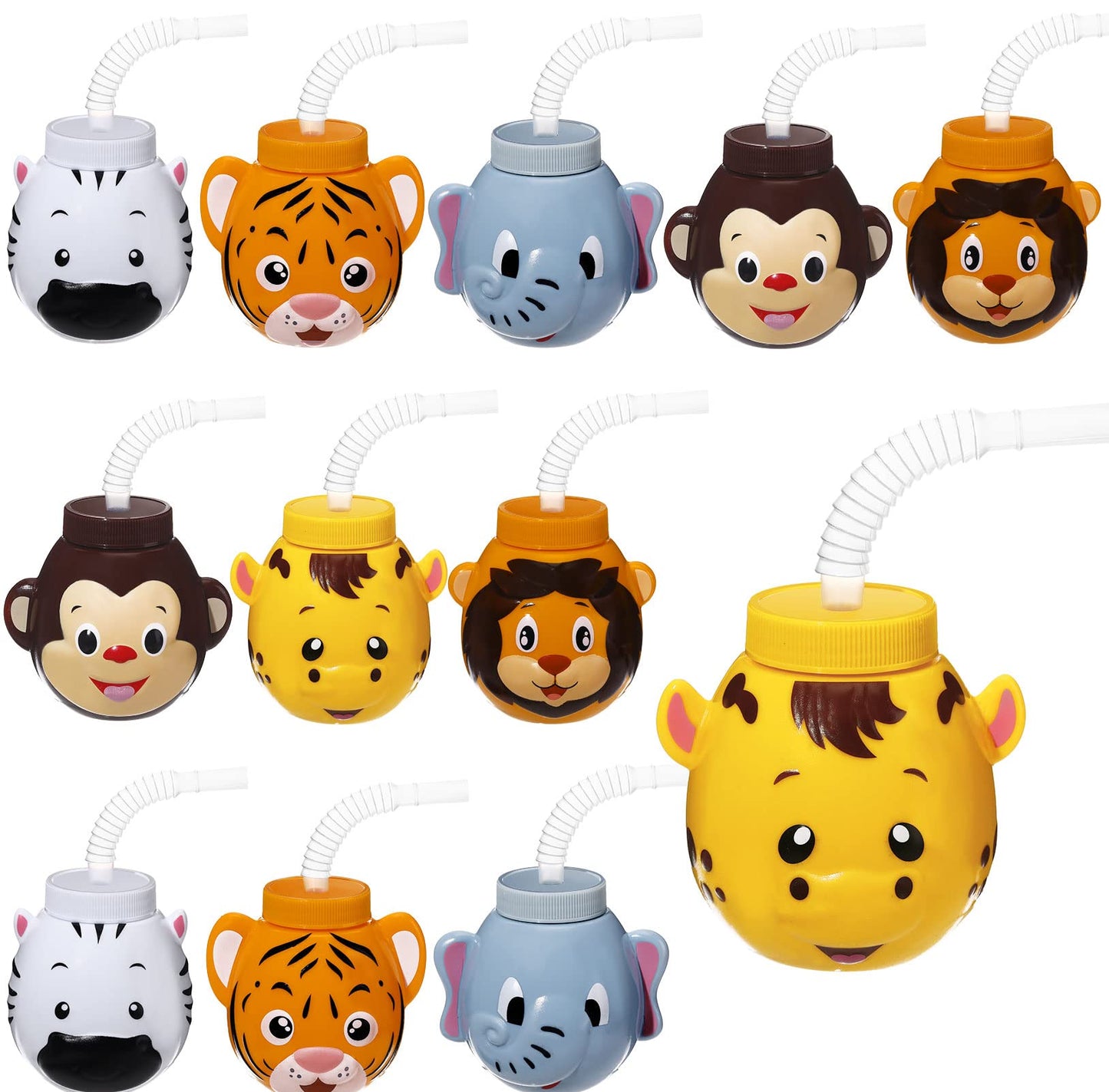 12 Set Zoo Animal Cups with Straws and Lids, 10 oz Plastic Reusable Safari Jungle Animal Theme Party Kids Cups for Elephant, Mon