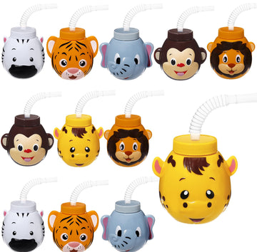 12 Set Zoo Animal Cups with Straws and Lids, 10 oz Plastic Reusable Safari Jungle Animal Theme Party Kids Cups for Elephant, Mon