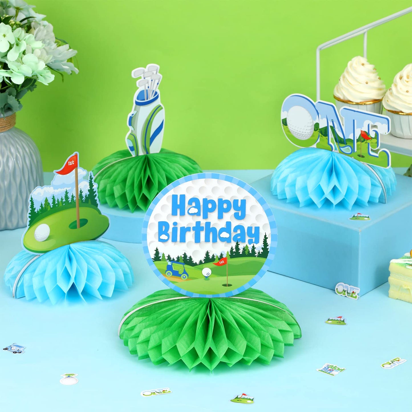 Fangleland 8 Pack Golf Honeycomb Centerpieces Golf 1st Birthday Party Decorations, Hole in One First Birthday Party Supplies for