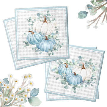 40Pcs Blue Pumpkin Napkins-Autumn Harvest Thanksgiving Disposable Paper Napkins Watercolor Blue Pumpkin Plaid Decorations For Ba