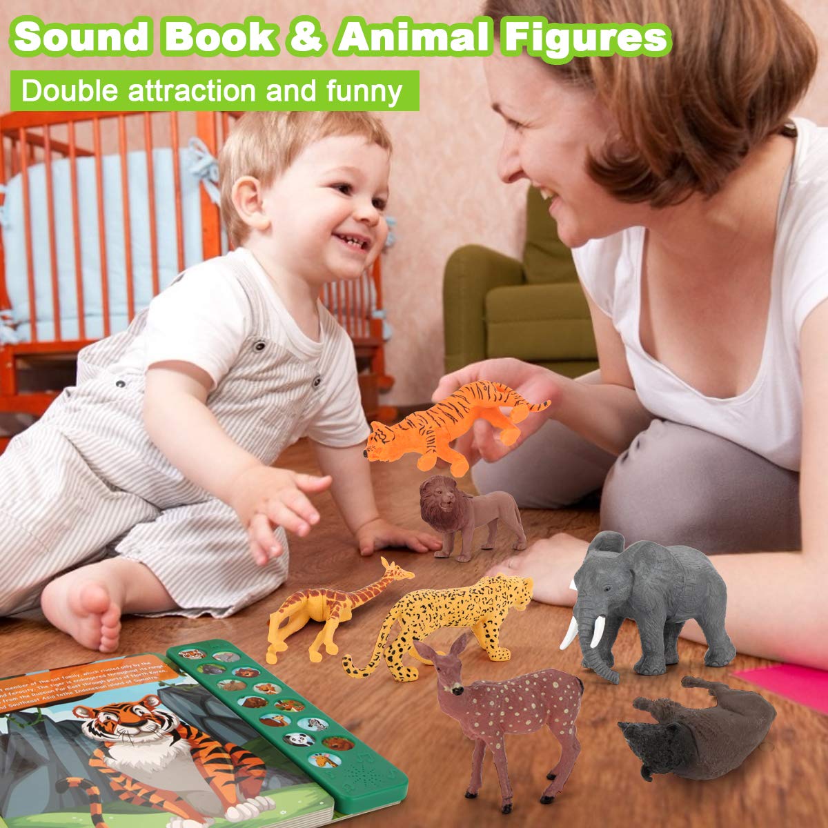 Tudoccy Safari Animals Figures Toys - 13 Realistic Plastic Figurines & Sound Book - Educational Gift for Kids 3 Years & Up - Multi-color