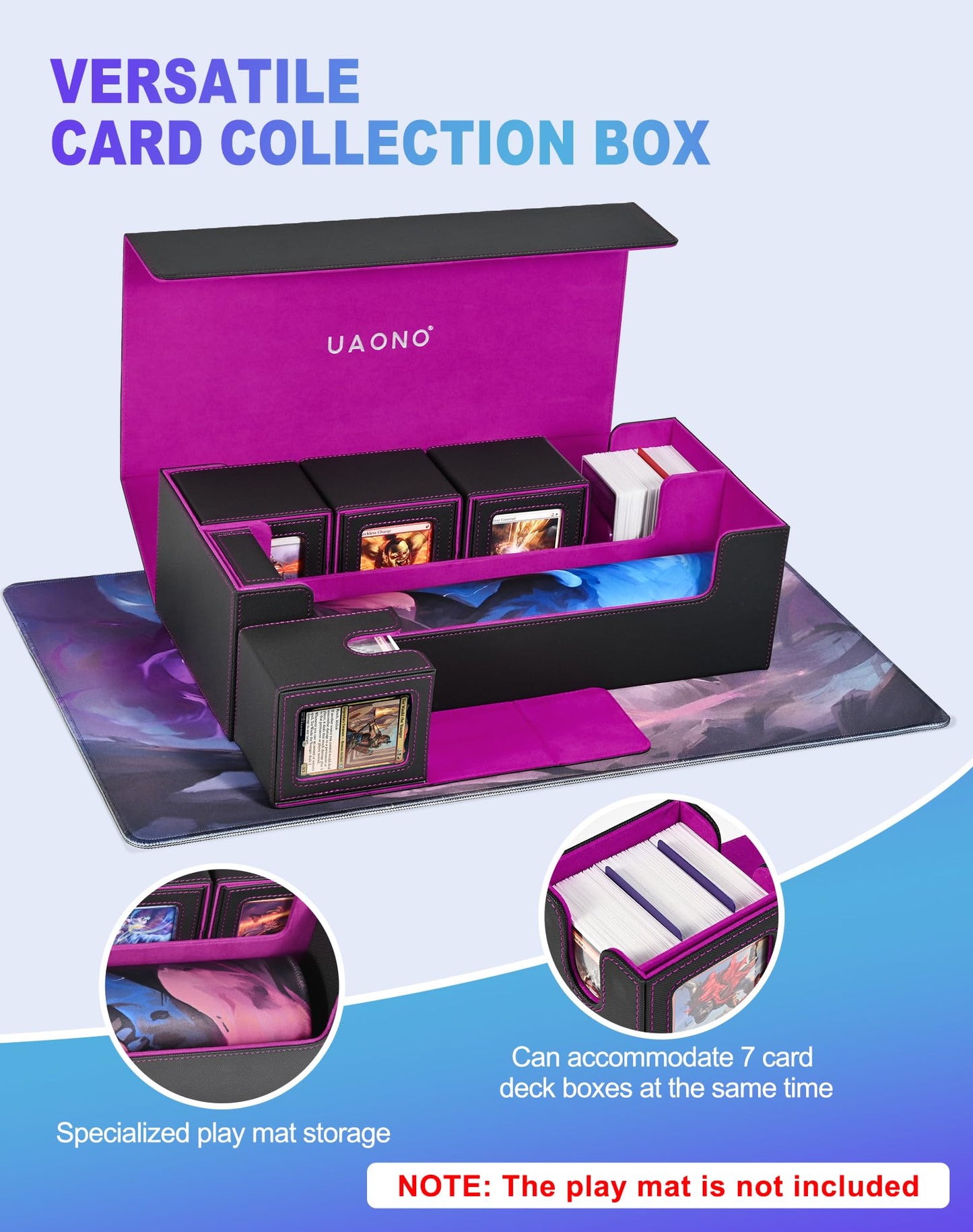 UAONO Card Storage Box for Trading Cards  5 in 1 Card Deck Case with 4 Pcs Small Commander Deck Box  Large Card Box for MTG/TCG/PTCG Magic Sports Cards Game Playmat (Black  Purple)