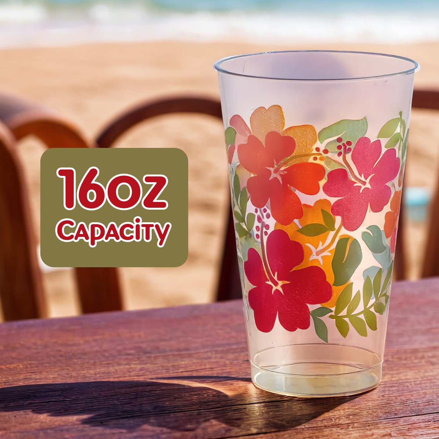 Clear With Multicolor Hibiscus Print Plastic Tumblers - 16 Oz (Pack Of 26) - Perfect For Parties & Tropical-Themed Events