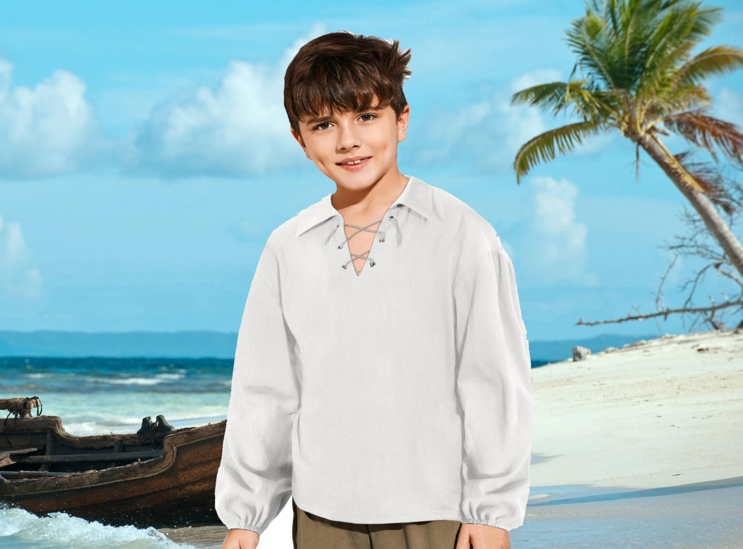 Kids Medieval Viking Pirate Renaissance Retro Costume Shirt For Boys Halloween Party Cosplay 4-6T White