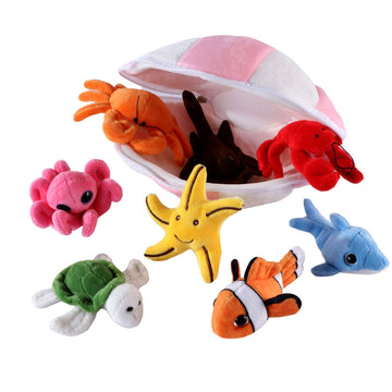 Plush Soft Stuffed Ocean Sea Animals Playset With Plush Shell Package House For Storage Includes Stuffed Turtle, Lobster, Crab,