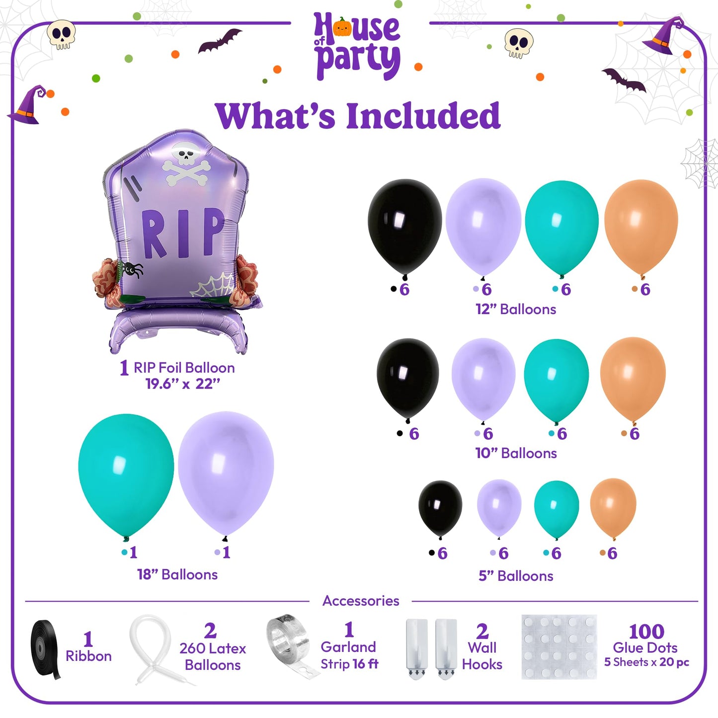House Of Party Halloween Balloon Arch Kit - 18/12/10/5 Inch Black Purple Orange And Teal Balloons With Large Gravestone Foil Bal