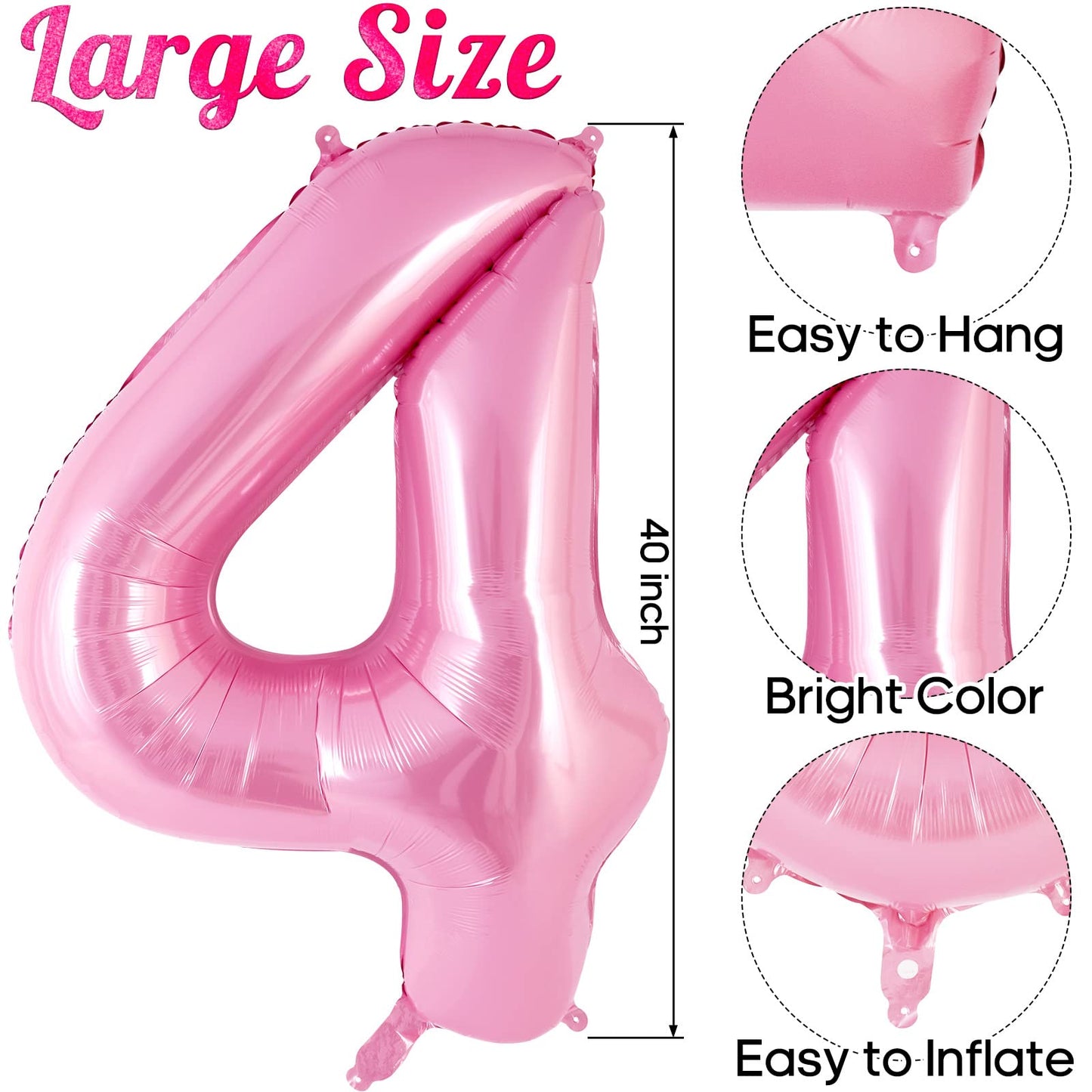 Pink Number 4 Balloon 40 Inch, Big Large Foil Helium Number Balloons, Jumbo Giant Mylar Number 4 Balloons For 4 Year Old Birthda