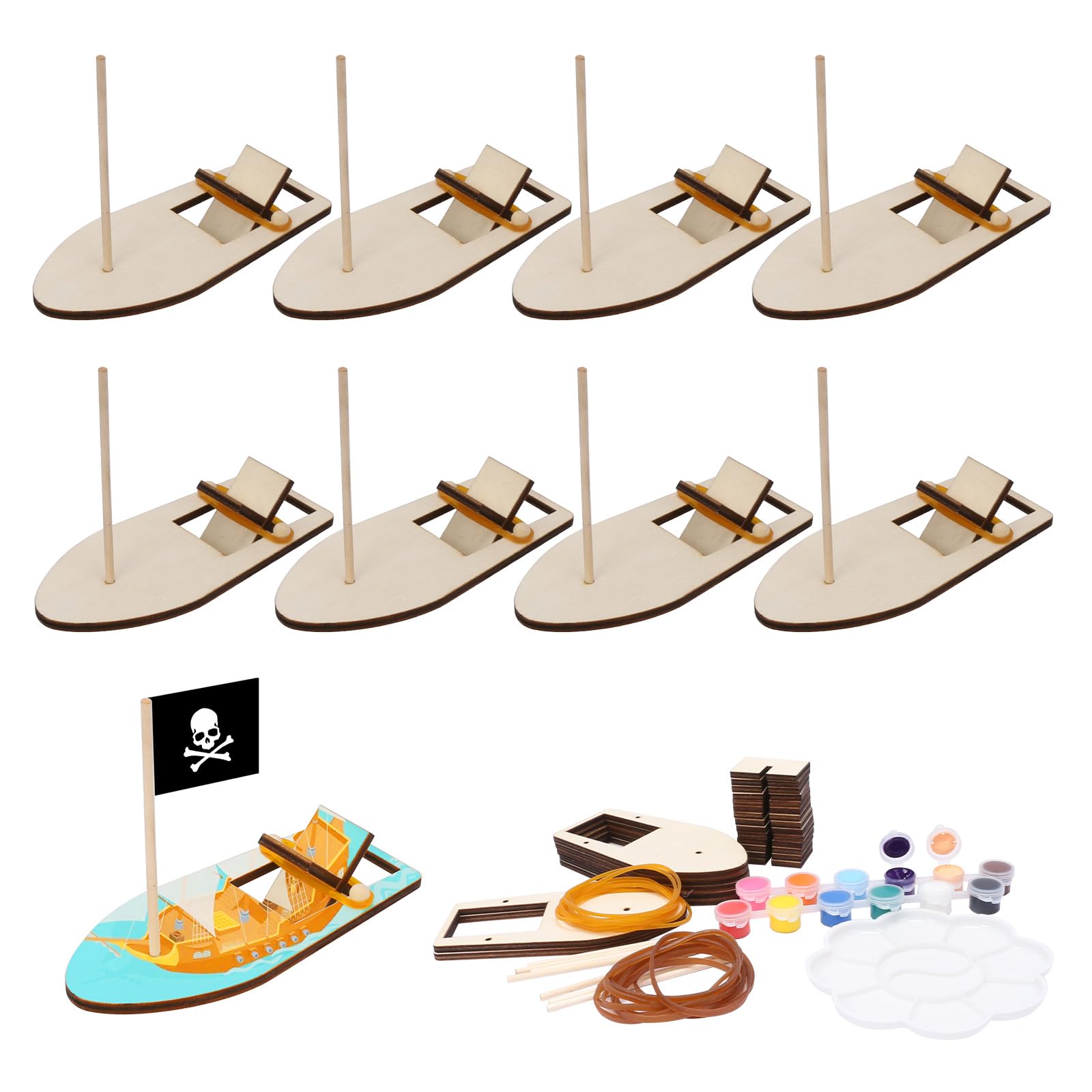 Fennoral 8 Pack Wooden Boat Crafts for Kids Make You Own Sailboat Model Kits DIY to Build and Paint Wood Rubber Band Paddle Boat