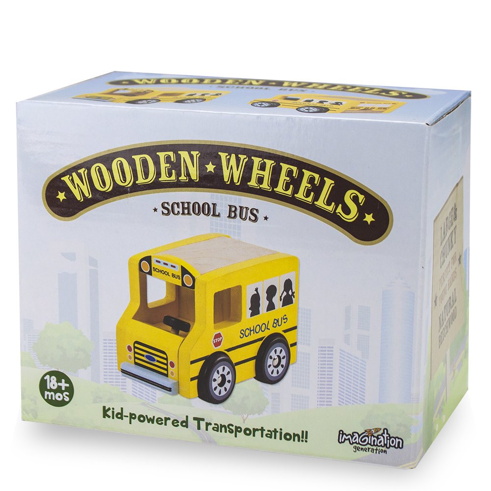 Wooden Wheels Natural Beechwood Chunky Cars and Vehicles Imagination Generation | for Children +12 Months | Yellow School Bus