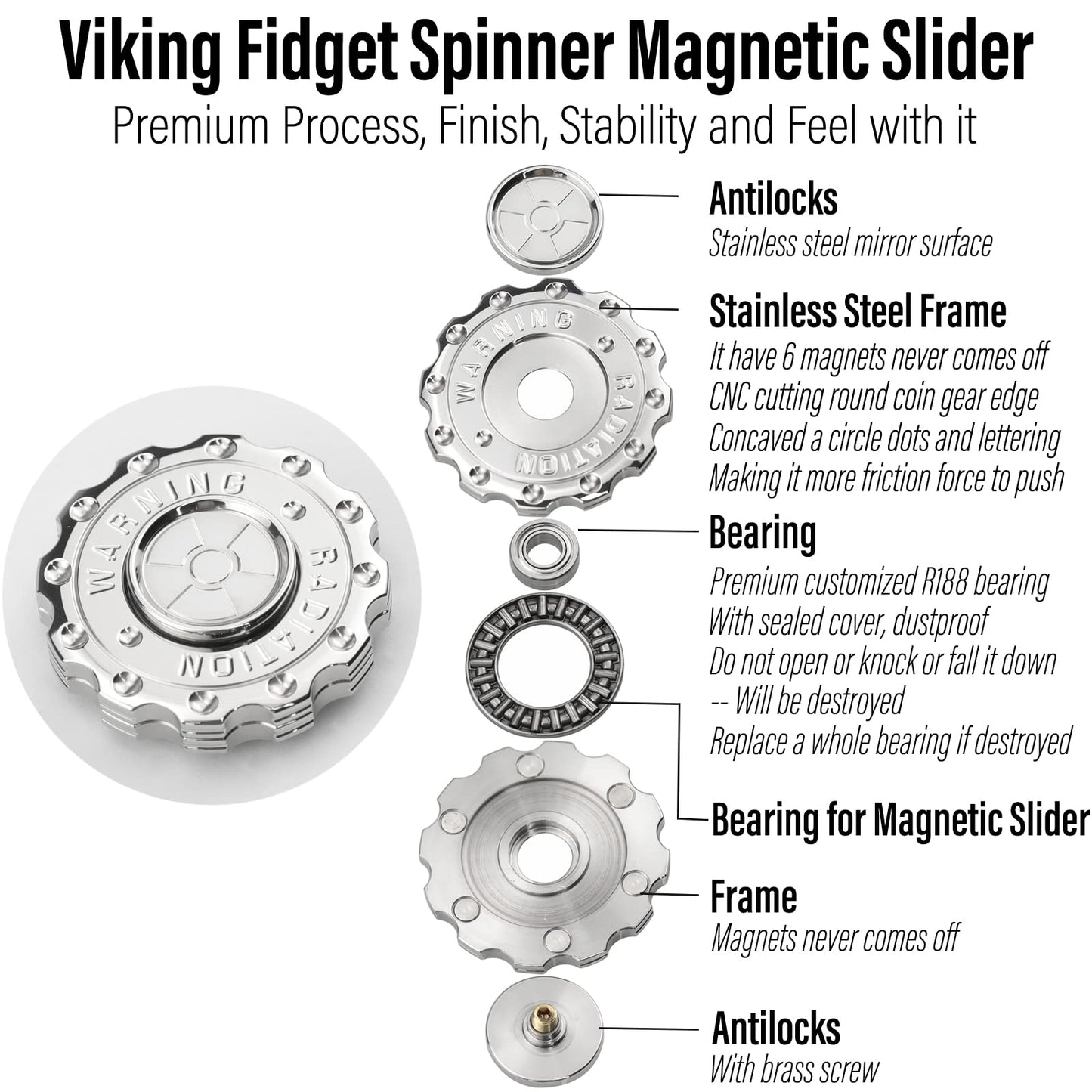 FREELOVE Viking Pirate Magnetic Slider & Fidget Spinners for mature-themeds  Heavy Metal Figette Spin  enhanced Bearing  Silent Long Spinning  Small Gossip Desgin  Stainless Steel Nuc Silver