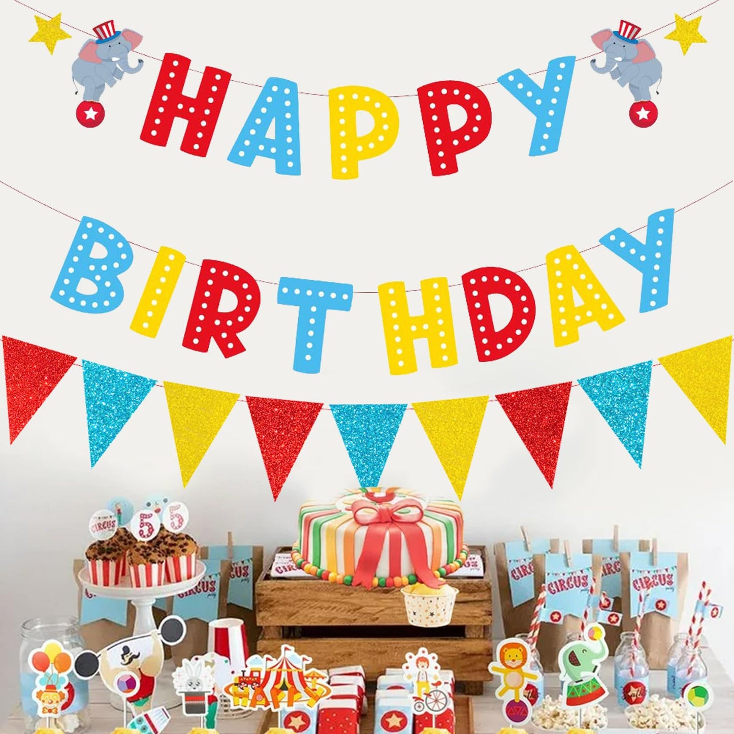 Zwiebeco Birthday Party Decoration Supplies Red Blue Yellow Happy Birthday Sign Banner Triangle Flags Pennant Banner Hanging Pap