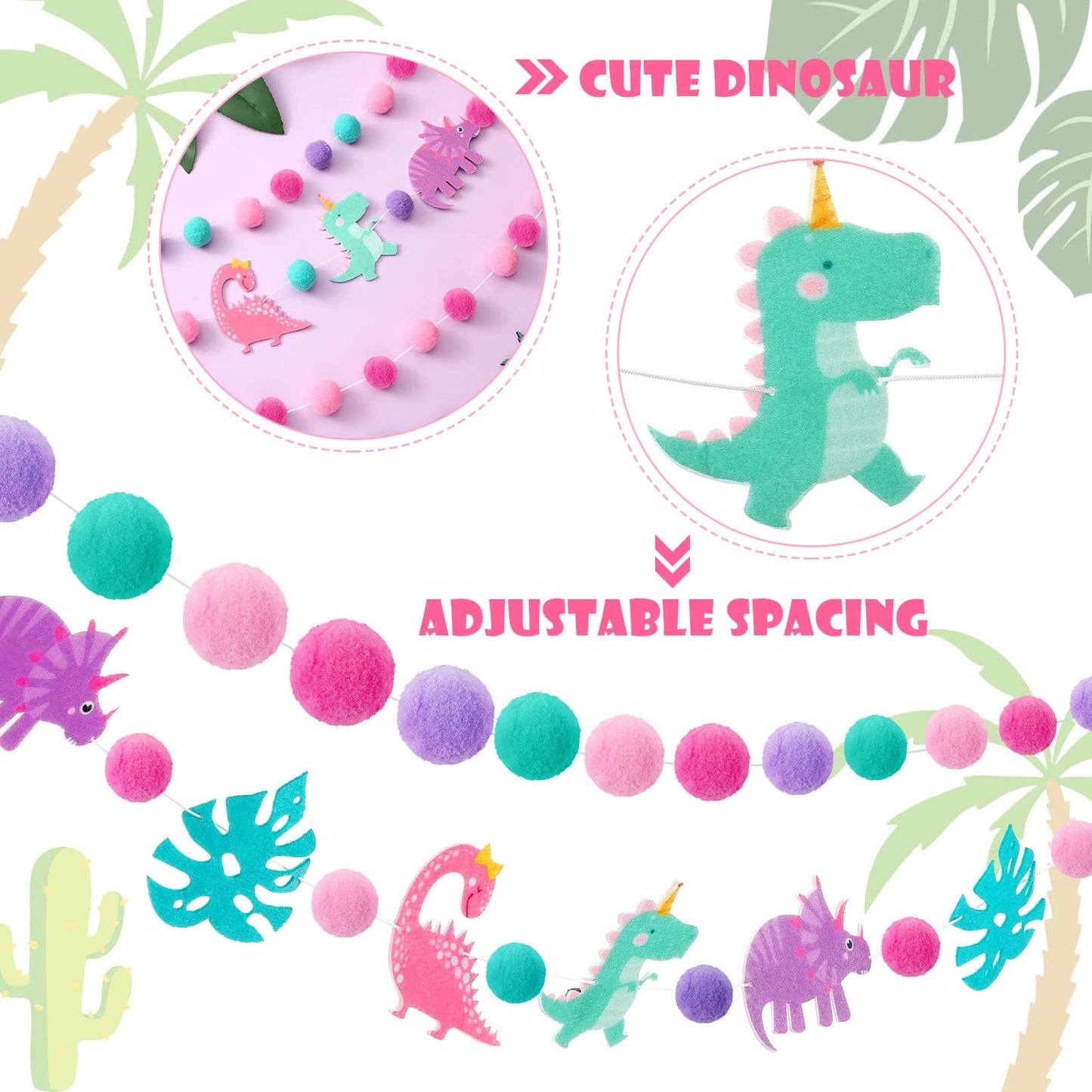 Kingdder 3 Pcs Pink Dinosaur Banner Party Decoration for Girls Pink Pom Pom Birthday Garland Felt Ball Banner Dinosaur Theme Hol