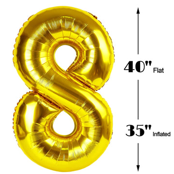 Gold Foil Number 8 Balloon 40 Inch, Helium Mylar Eight Number 8 18 28 38 48 58 88 Birthday Balloons, 8Th Gold Women Men Wedding
